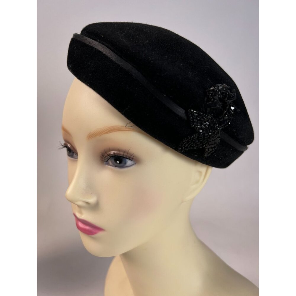 Vintage Beauville Black Beret With Beaded Embellishment Made In Italy